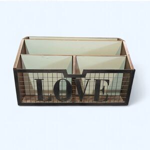 “LOVE” Wood Brown Teal Multiple Compartment Mail Organizer